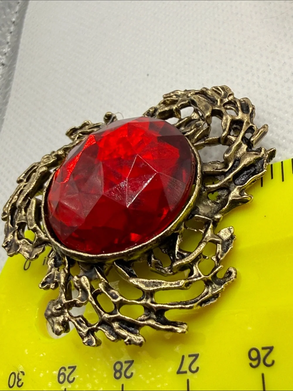 Faceted Antique-Style Red Stone Brooch in Aged Gold Tone metal brutalist dome